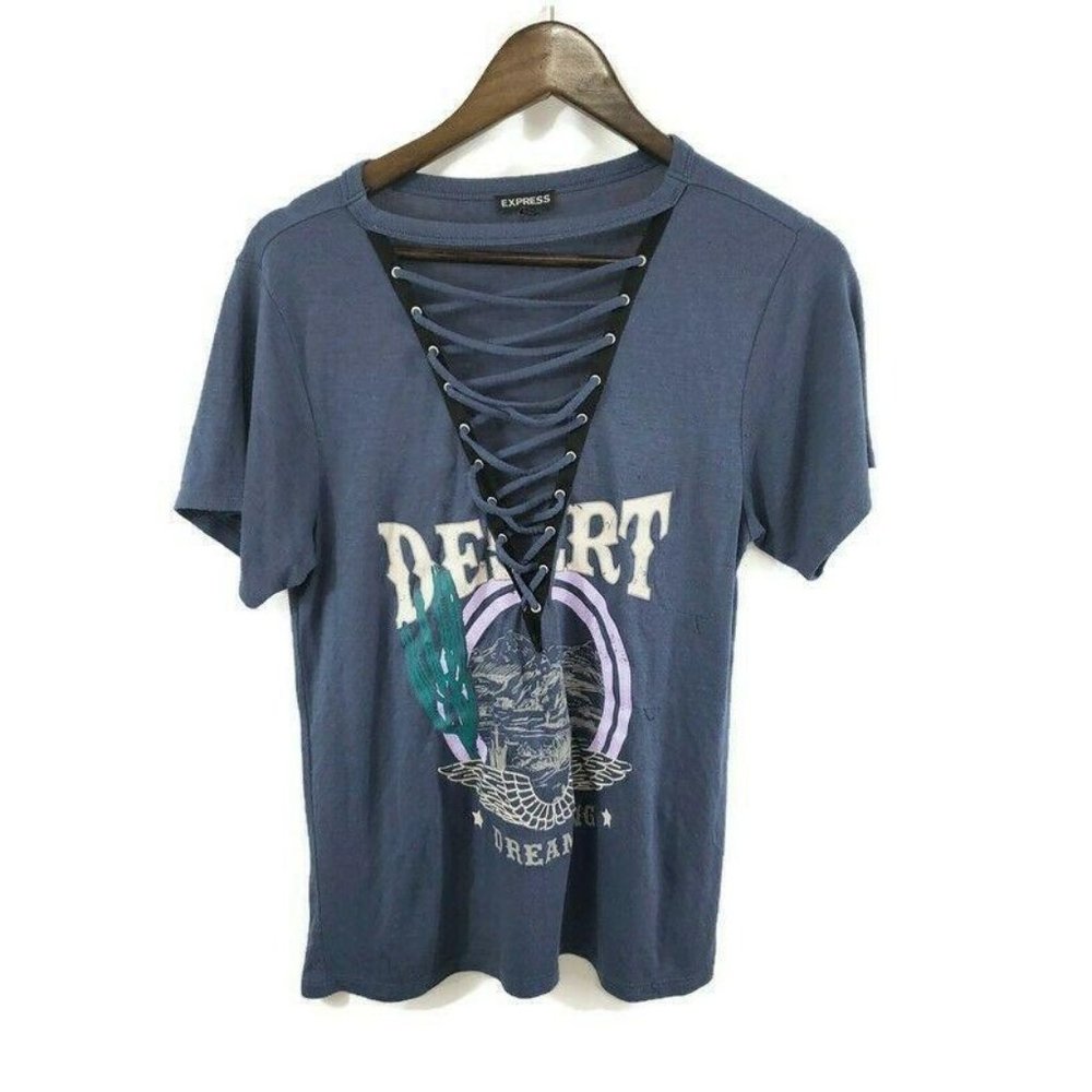 Express Womens Western Desert Top Size XS Blue Lace Up Neckline Blouse